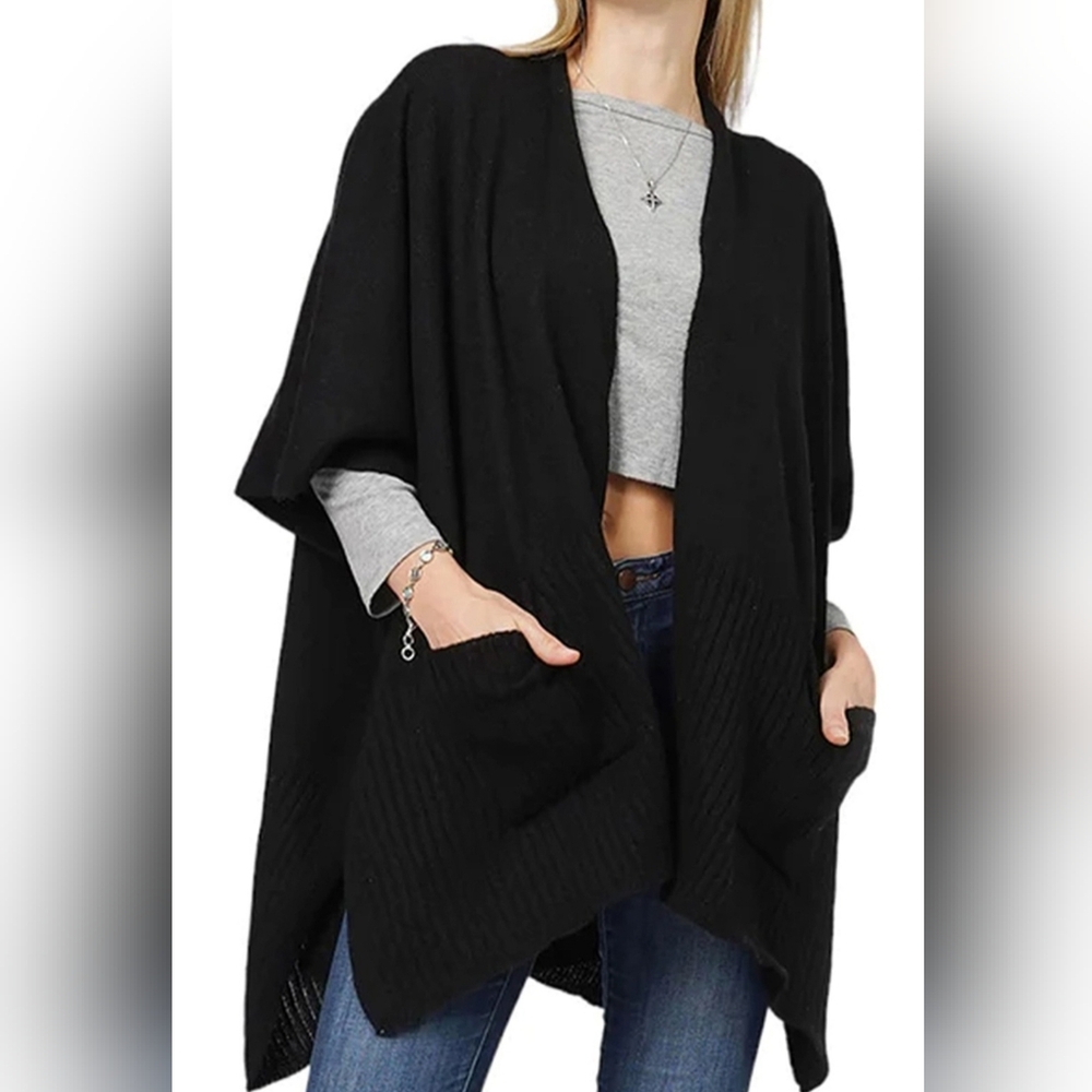 #862 🛑OS Solid Knitted Batwing Sleeve Poncho with Front Pockets